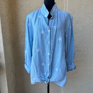 John Mark Embroidered Star Linen Tie-front Top Sz 2X Roll Tab Sleeve Blue NWT